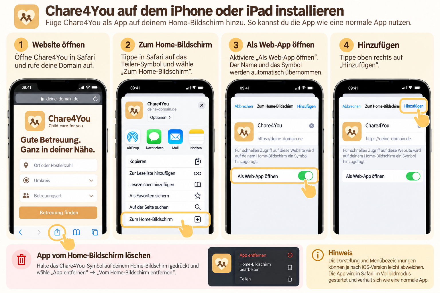 Bebilderte Chare4You-Installationsanleitung: Safari öffnen, Teilen, Zum Home-Bildschirm, Als Web-App öffnen und Hinzufügen. Die Schritte stehen auch als Text darunter.